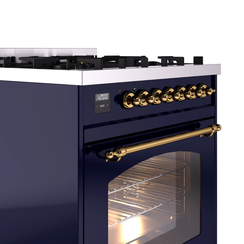 ILVE Nostalgie II 30-Inch Dual Fuel Freestanding Range in Midnight Blue with Brass Trim (UP30NMPMBG)