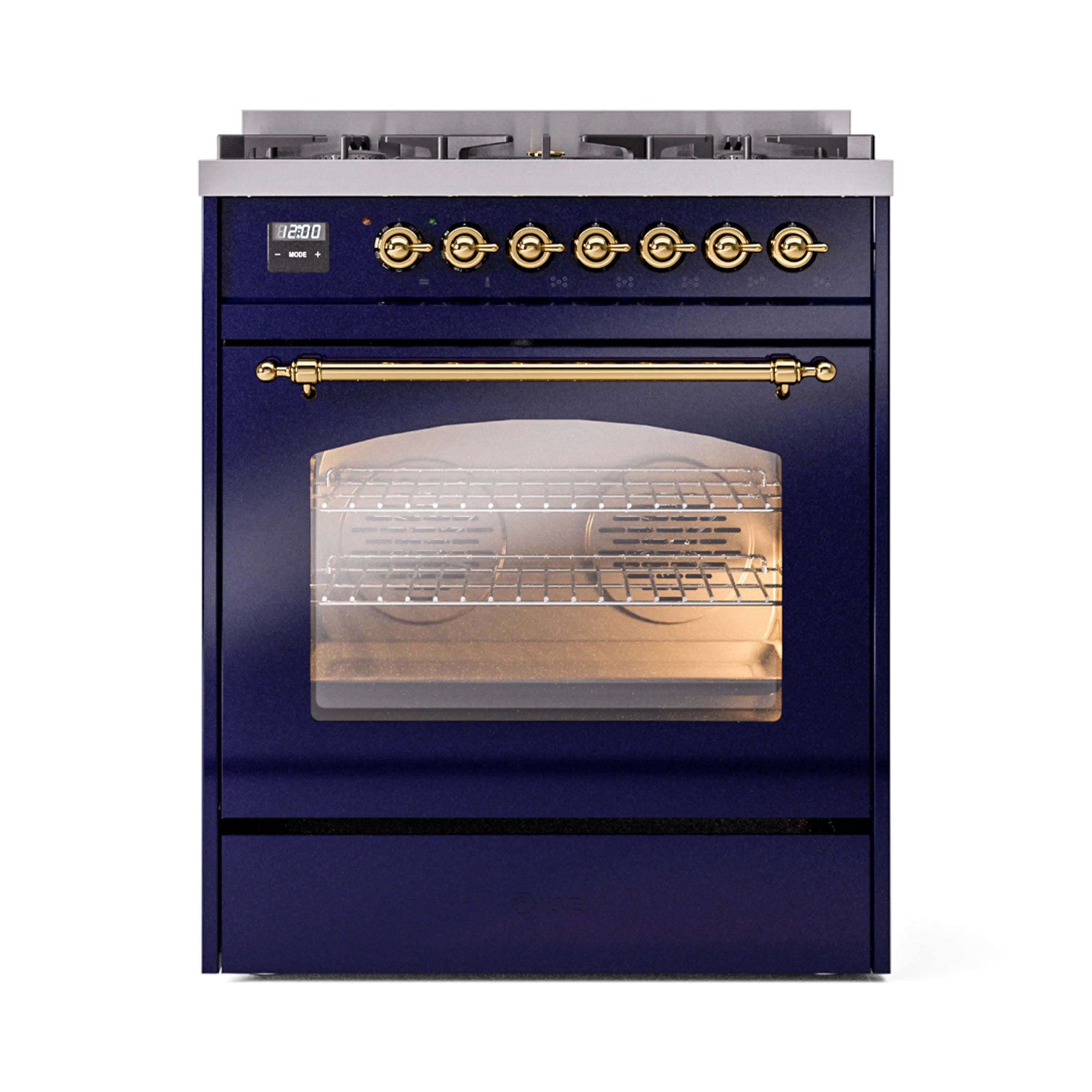 Midnight blue freestanding range with brass control knobs and closed oven door window