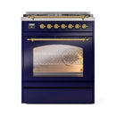 ILVE Nostalgie II 30-Inch Freestanding Natural Gas Dual Fuel Range in Midnight Blue with Brass Trim (UP30NMPMBG)