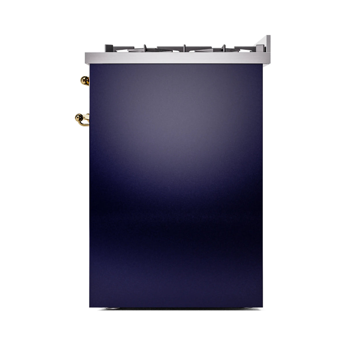 Midnight blue freestanding range side panel with brass control knobs on the left