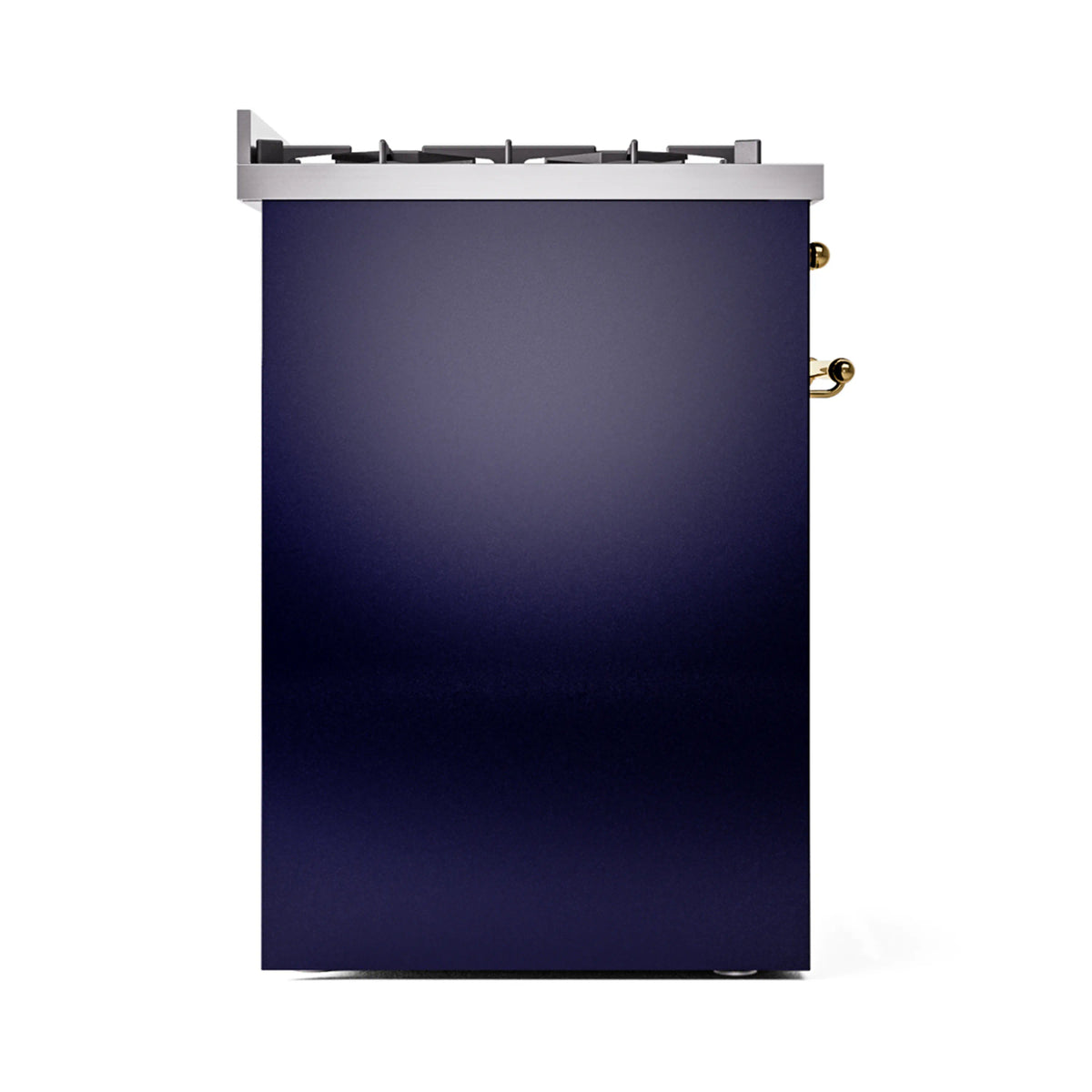 Midnight blue freestanding range back panel with brass side knobs