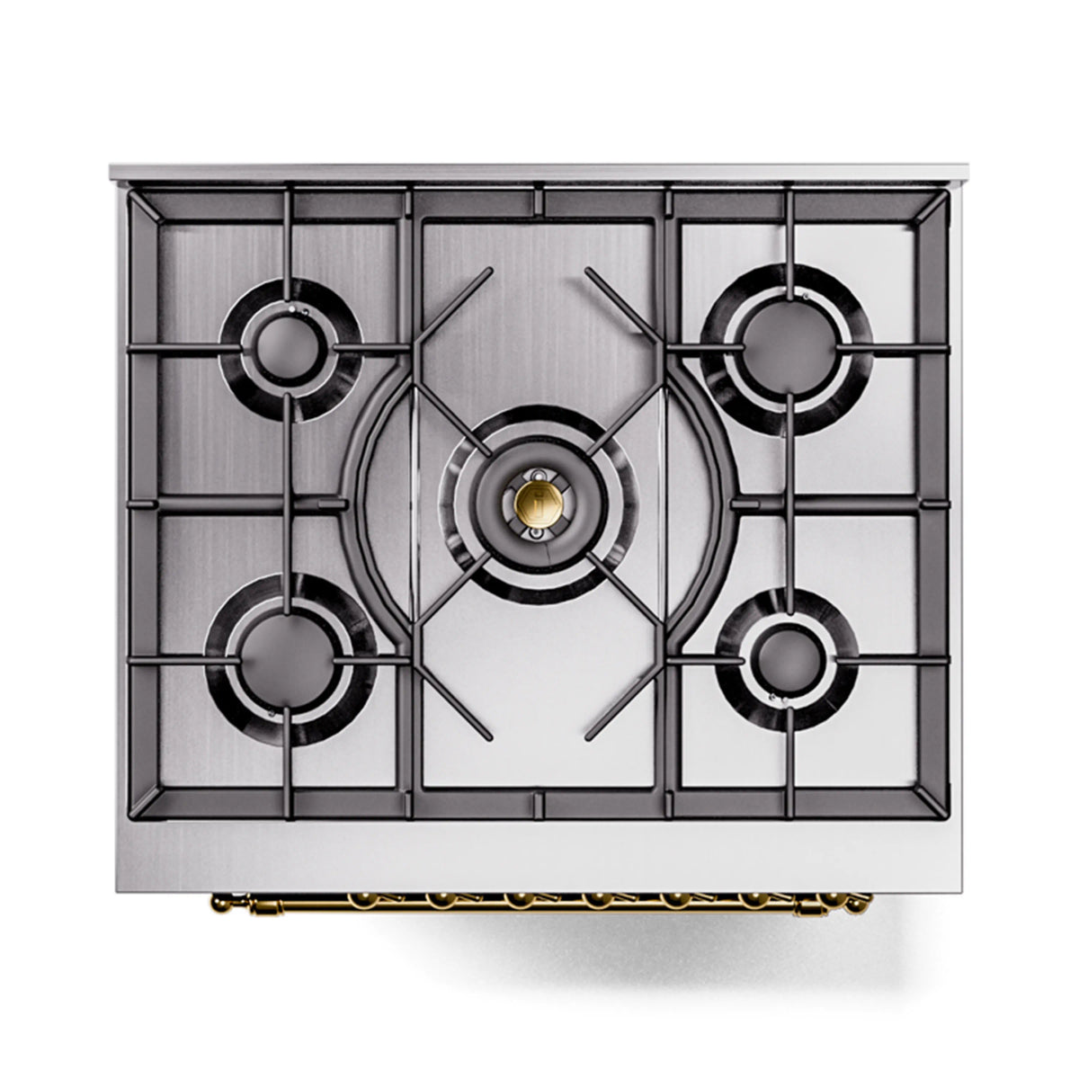 Stainless gas cooktop with four round burners and black grates on a freestanding range