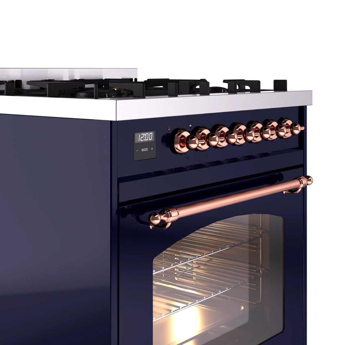 Midnight blue range control panel with copper knobs and oven door handle