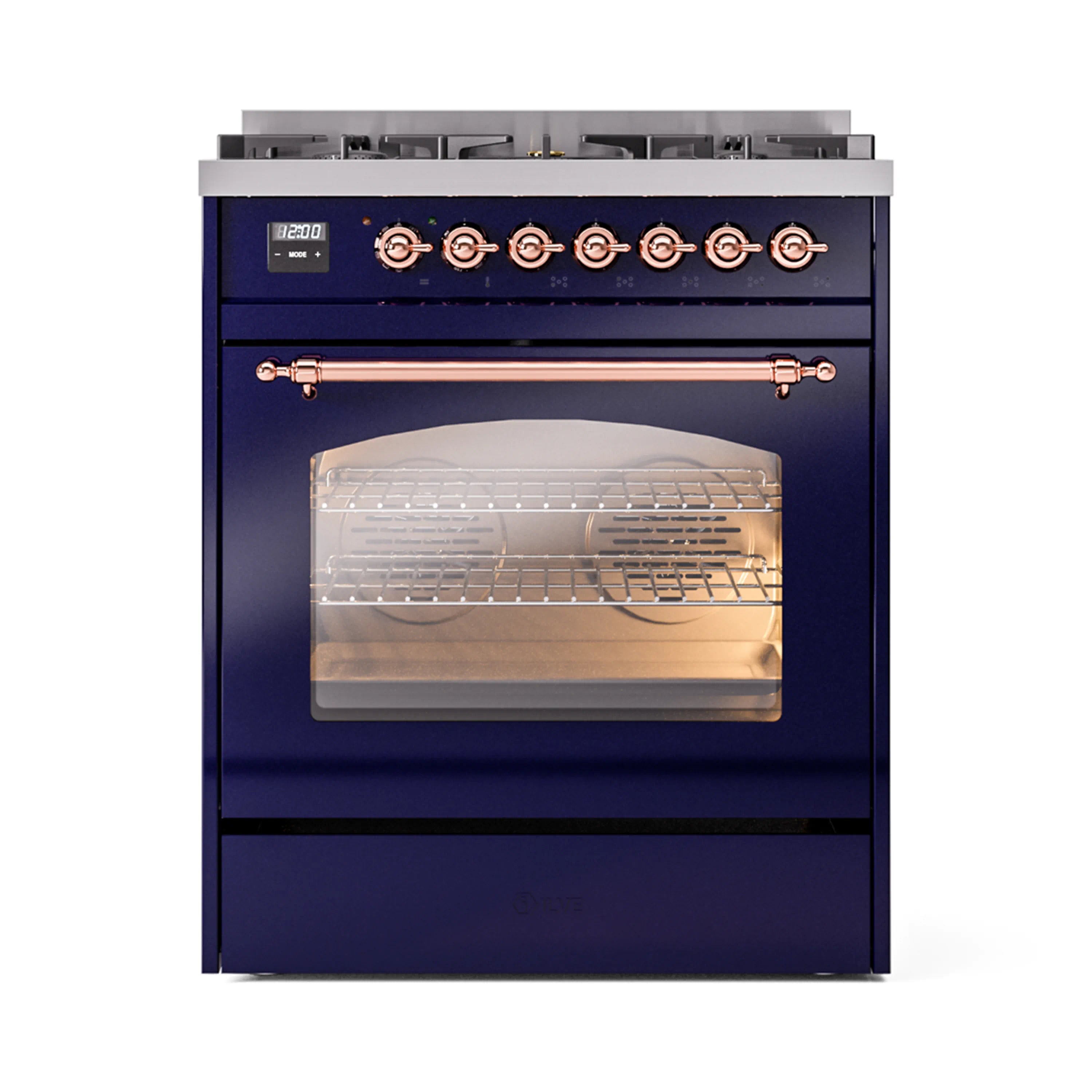 Midnight blue freestanding dual-fuel range with copper control knobs and oven window