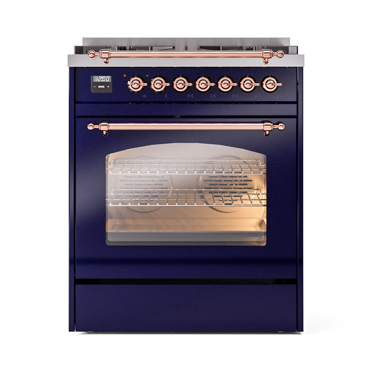 Midnight blue freestanding range front with copper trim, control knobs, and oven window