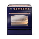 ILVE Nostalgie II 30-Inch Freestanding Natural Gas Dual Fuel Range in Midnight Blue with Copper Trim (UP30NMPMBP)