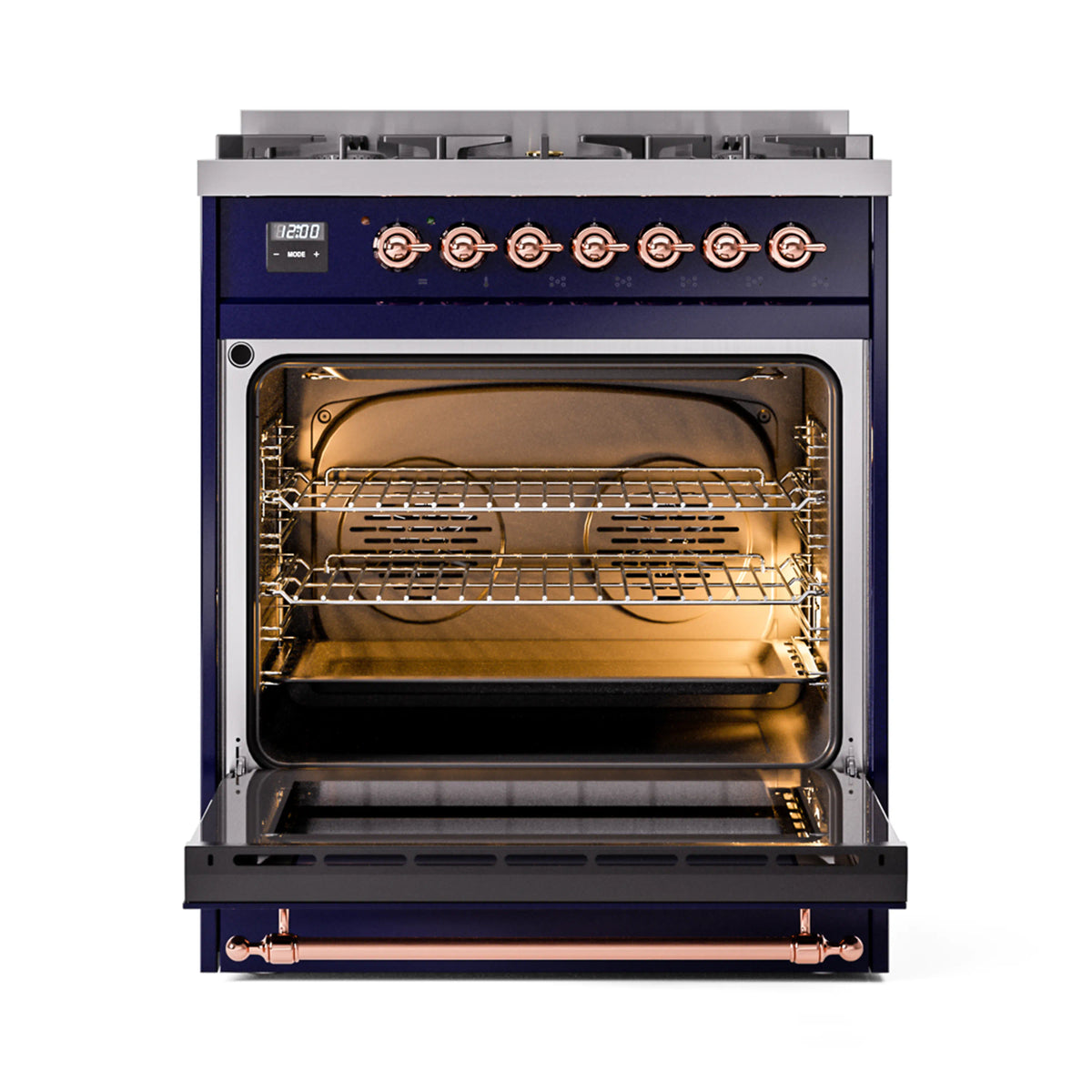 Midnight blue freestanding range with oven door open, interior lit, copper control trim