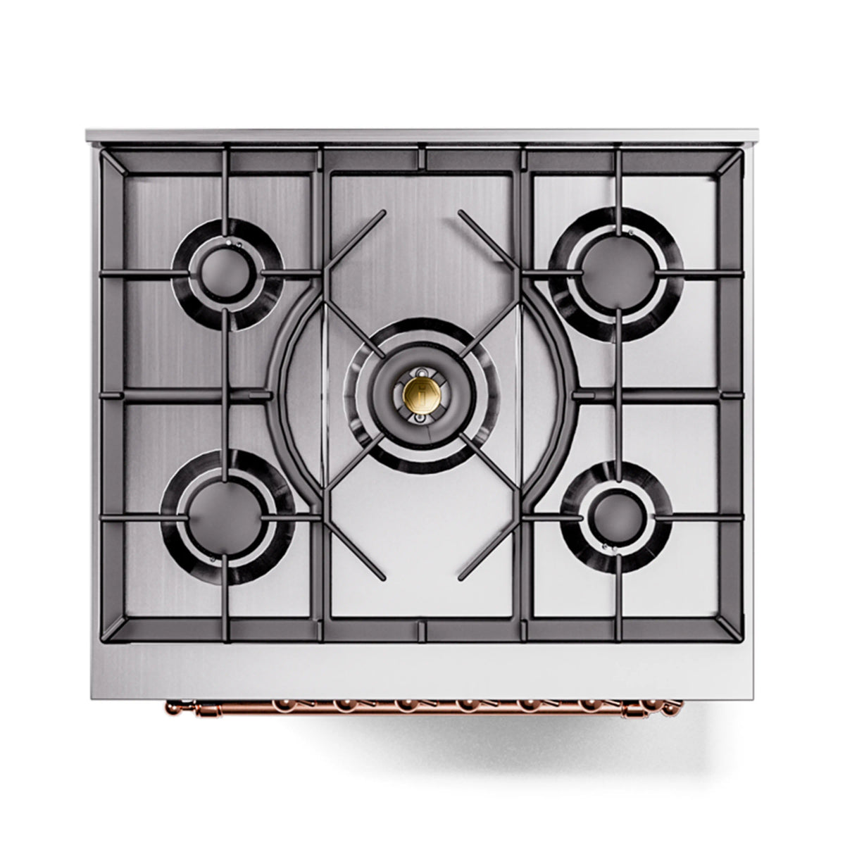 Stainless gas cooktop with four burners and black grates on a freestanding range