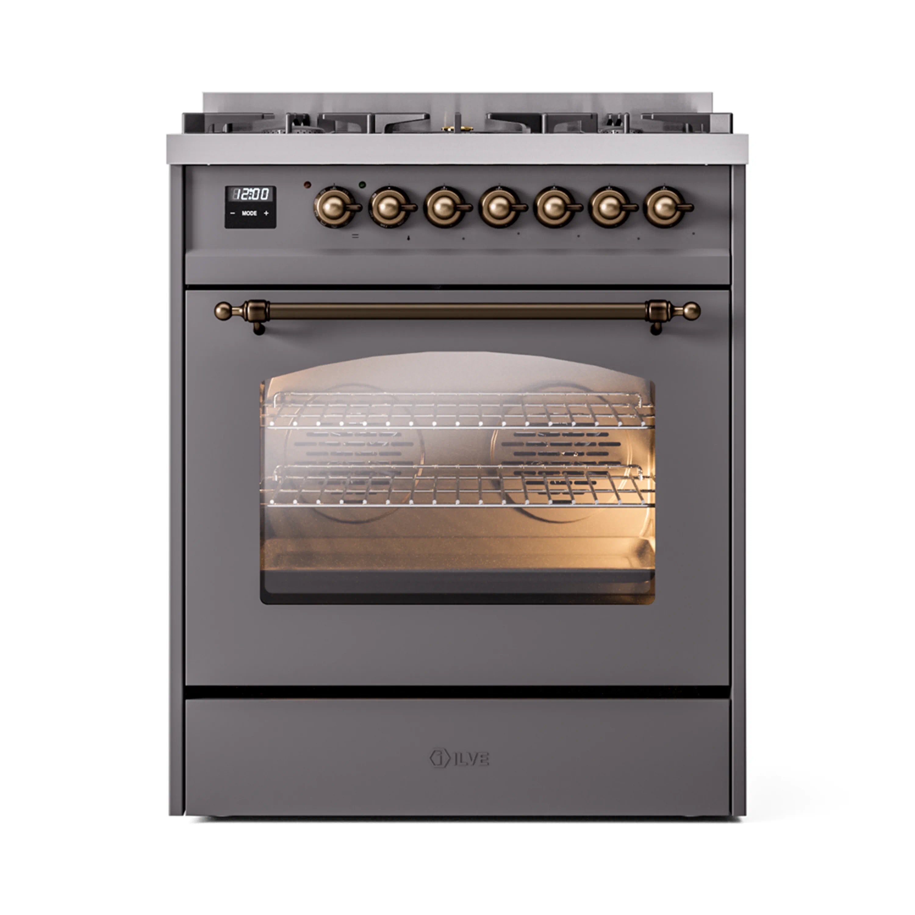 Freestanding dual fuel range in matte graphite with bronze-trim controls and oven window