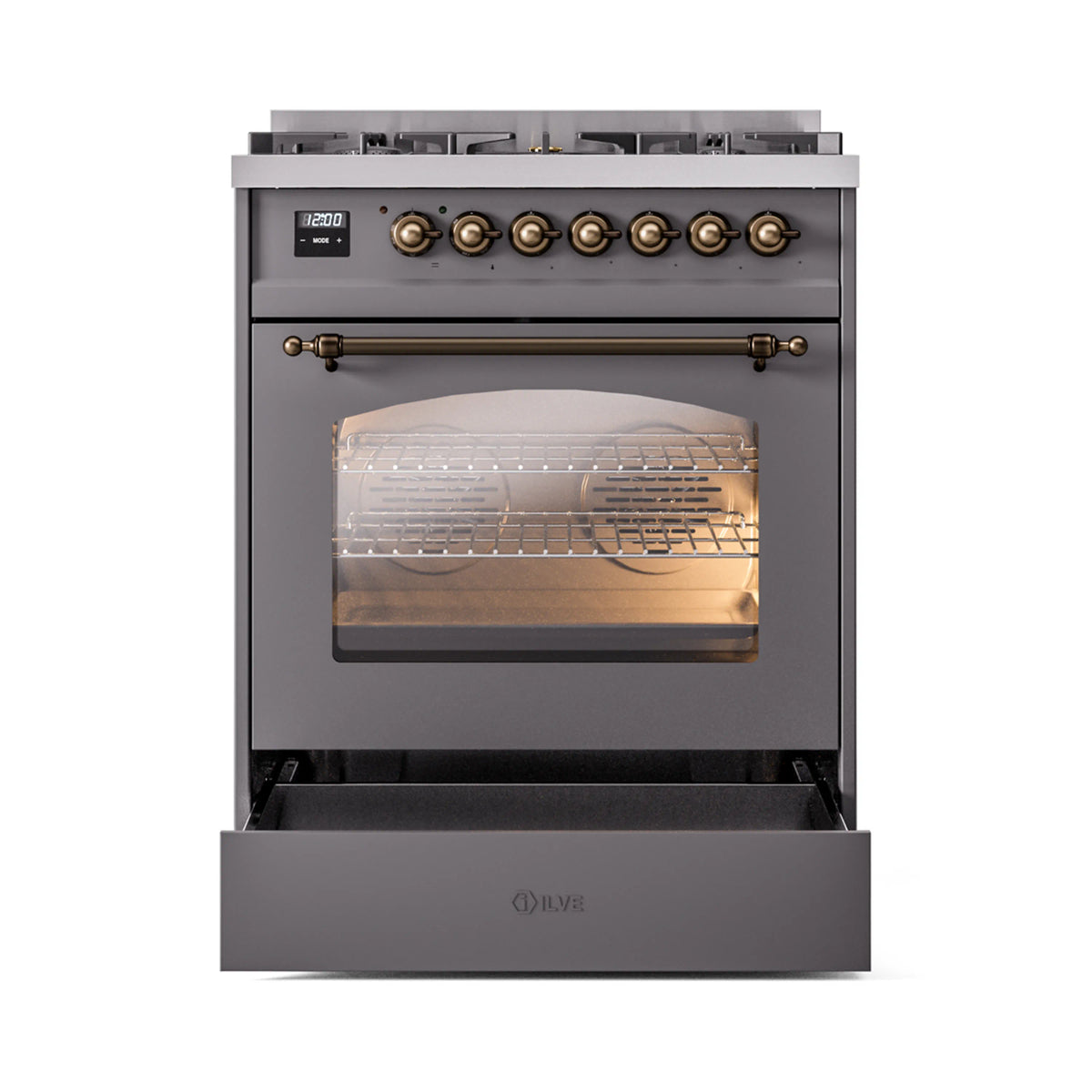Freestanding dual fuel range, matte graphite, bronze controls, and open oven door