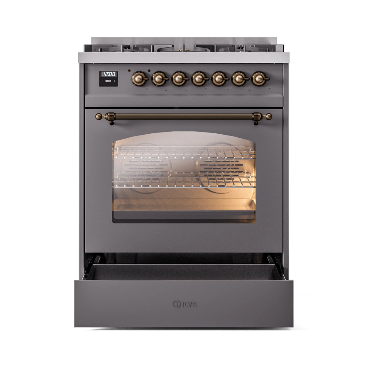 Matte graphite dual-fuel range with bronze-trim handle and open lower drawer