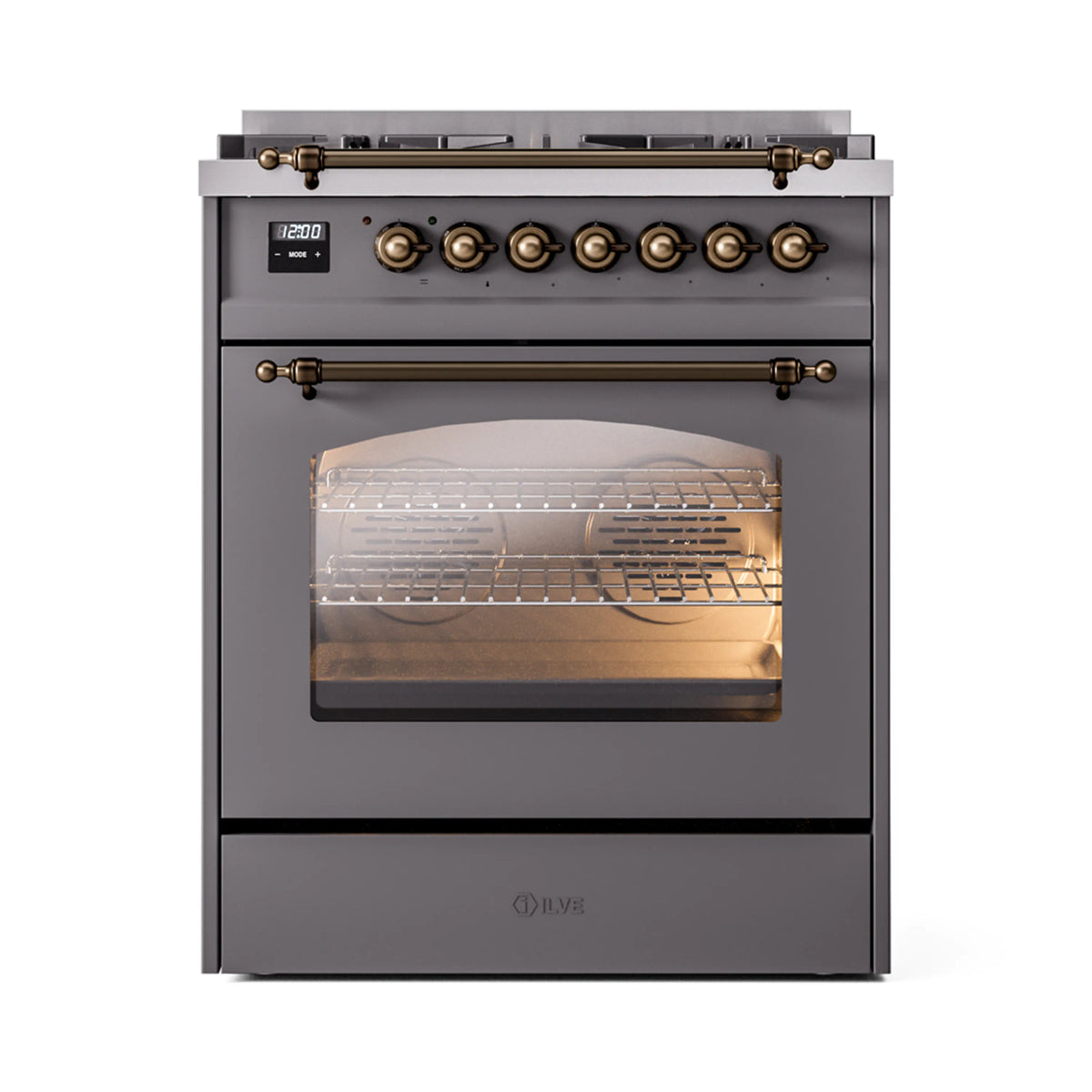 Freestanding dual fuel range with matte graphite finish and bronze-trim oven and controls
