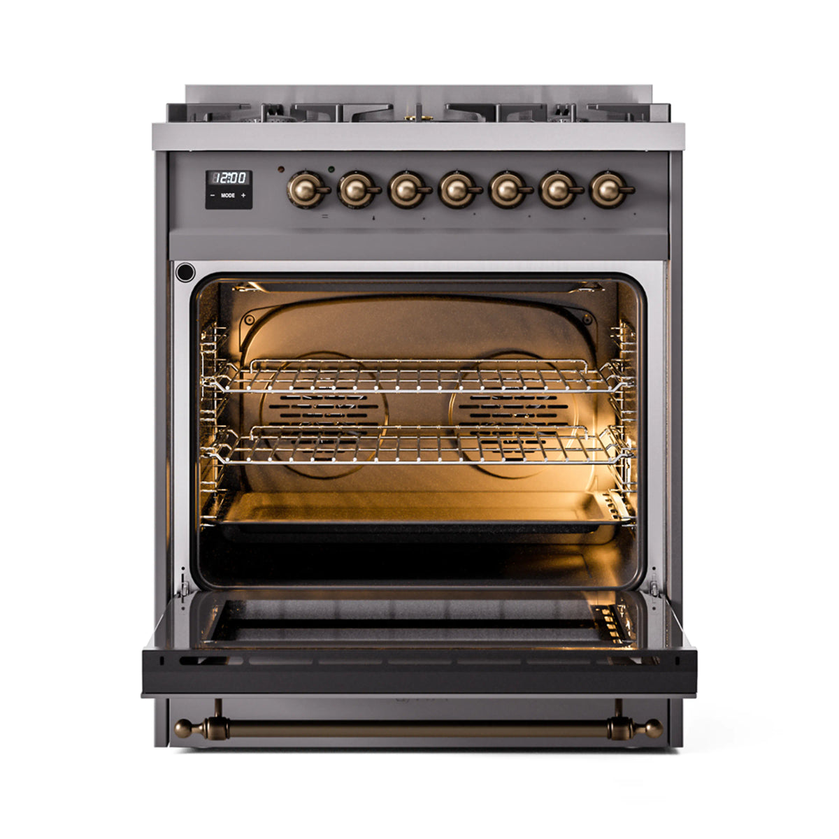 Freestanding dual fuel range with bronze oven interior racks and open oven door