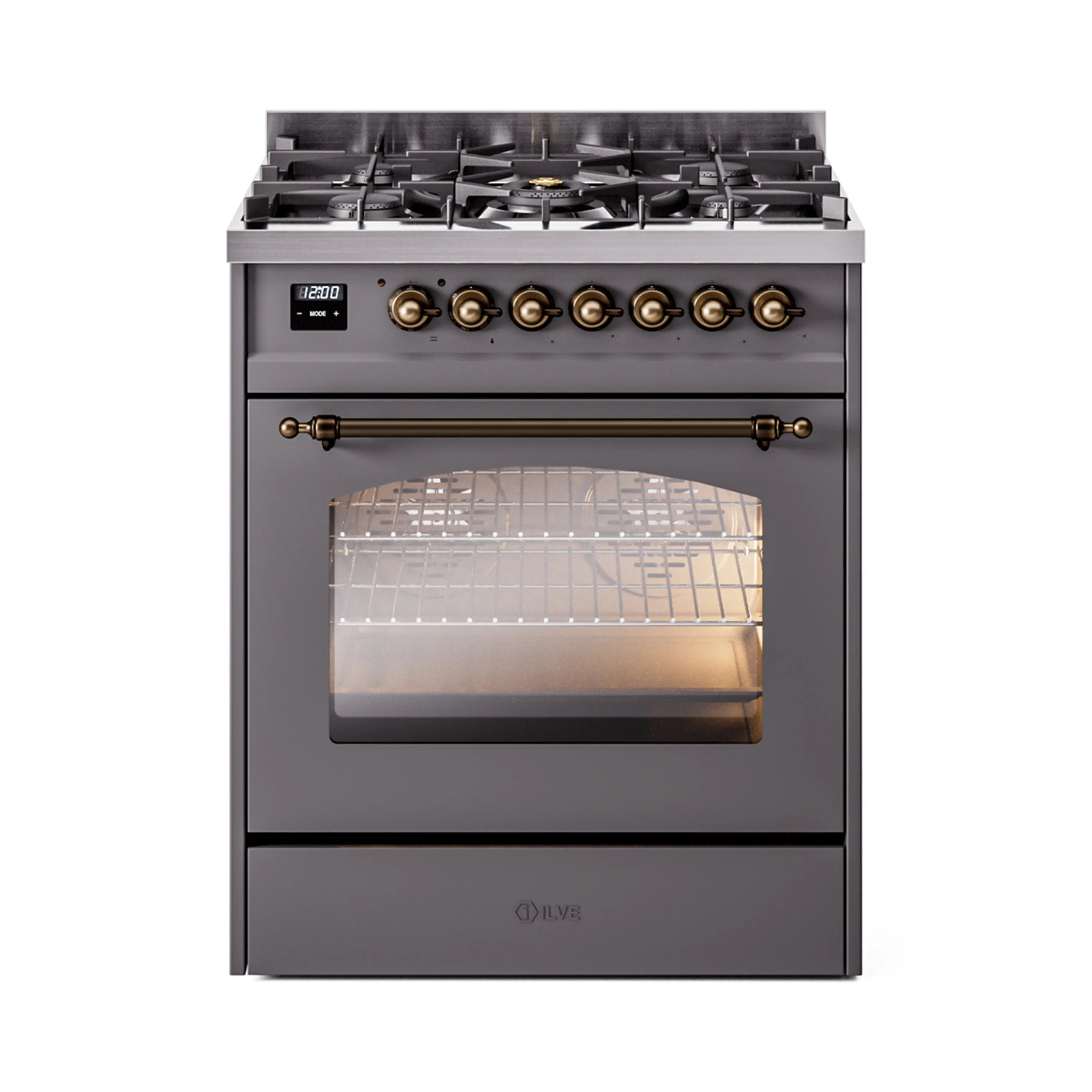 Freestanding dual fuel range with matte graphite body, bronze controls, and oven window