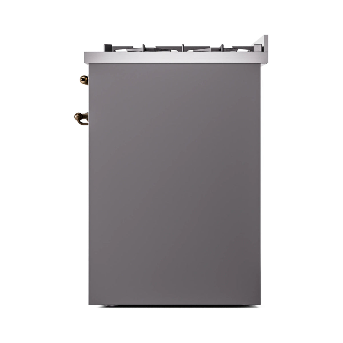 Freestanding dual fuel range matte graphite rear view with bronze corner knobs