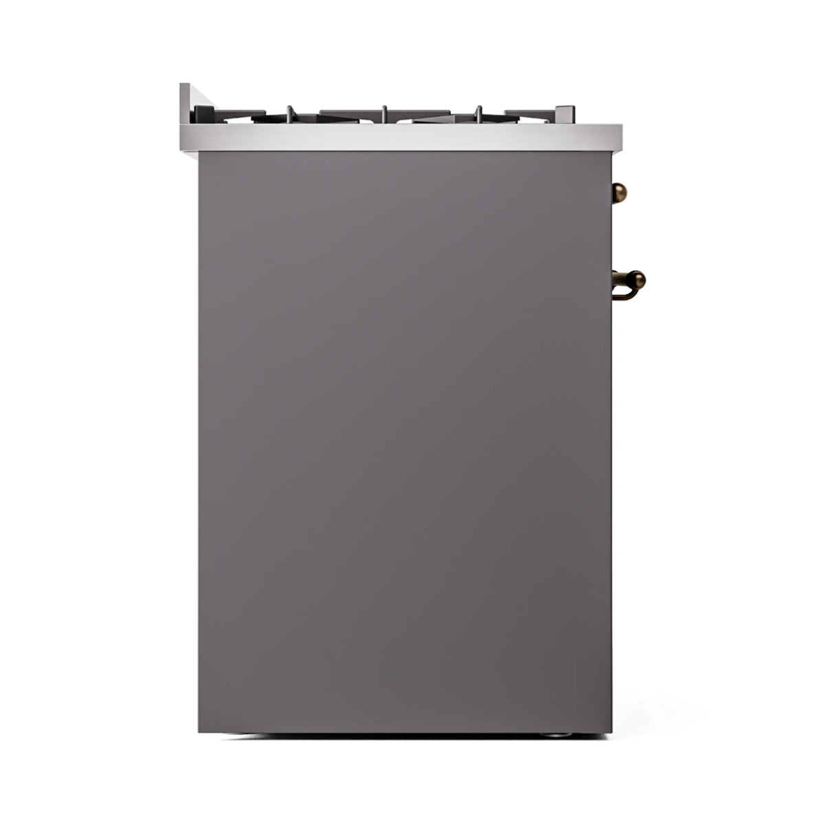 Freestanding dual fuel range matte graphite side view with bronze corner handles