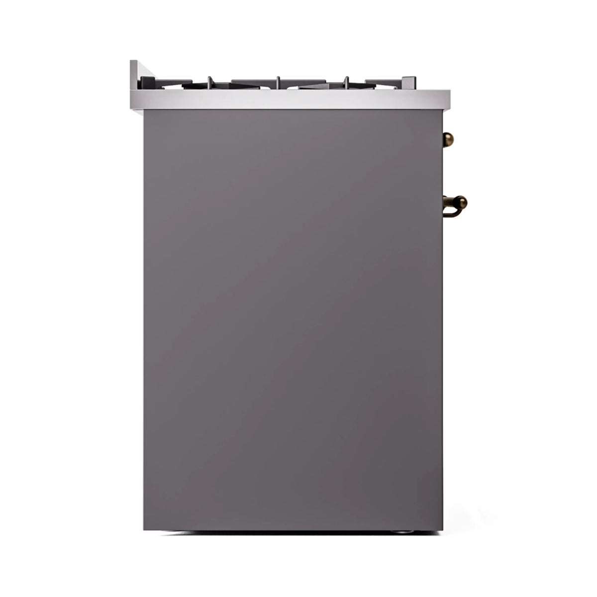 Matte graphite freestanding range with bronze-trim side handles and top burner grates