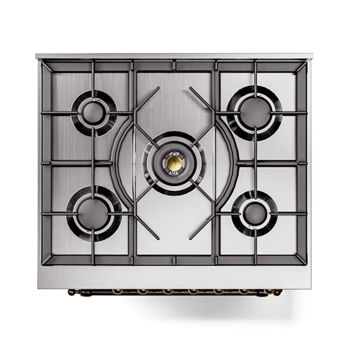 Freestanding dual fuel range cooktop with five burners and black grates