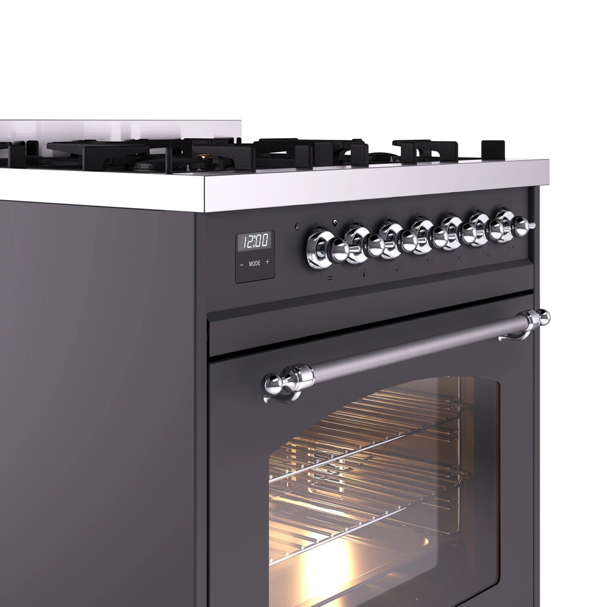 Matte graphite range control panel with multiple knobs and chrome oven handle