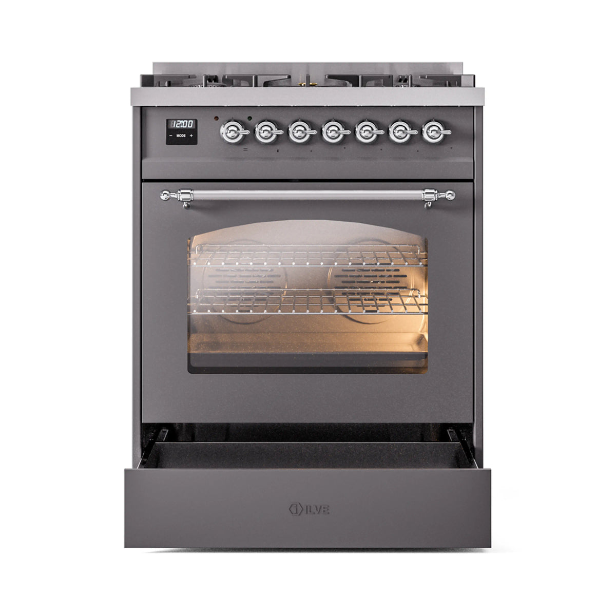 Matte graphite freestanding range with oven door open and lower storage drawer open