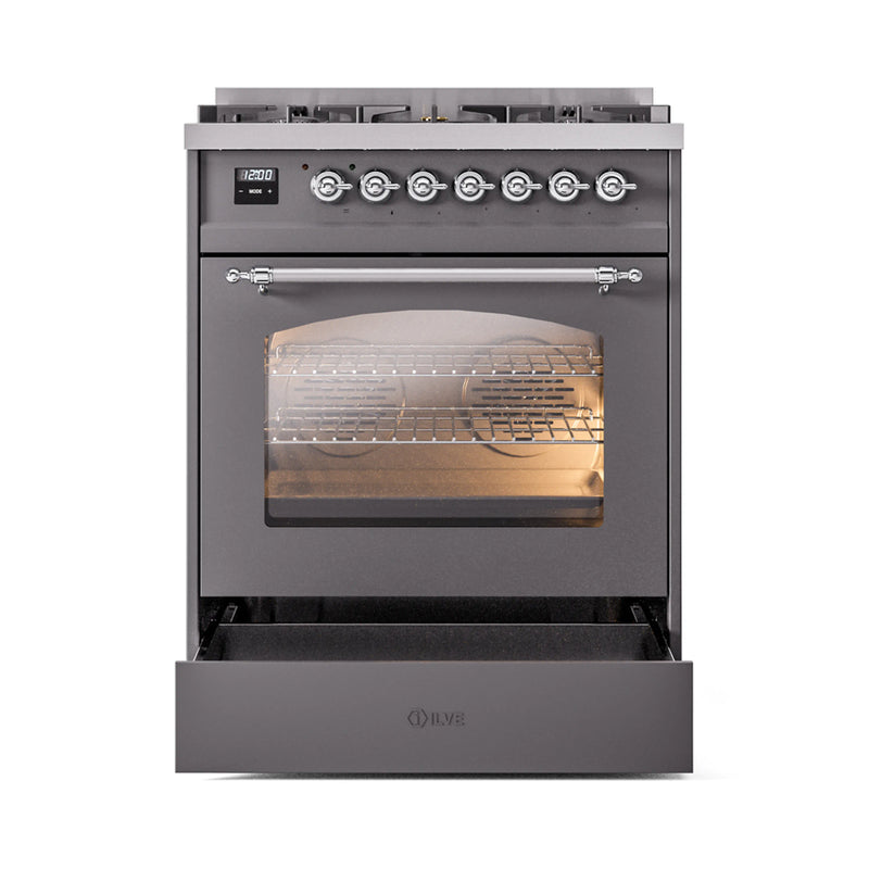 ILVE Nostalgie II 30-Inch Dual Fuel Freestanding Range in Matte Graphite with Chrome Trim (UP30NMPMGC)