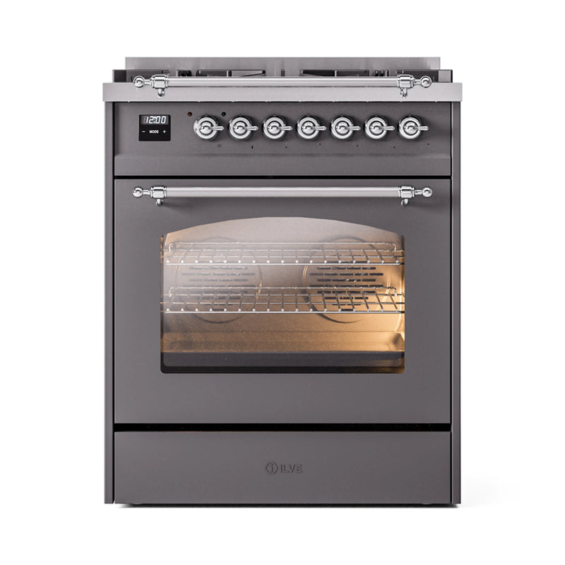 ILVE Nostalgie II 30-Inch Dual Fuel Freestanding Range in Matte Graphite with Chrome Trim (UP30NMPMGC)