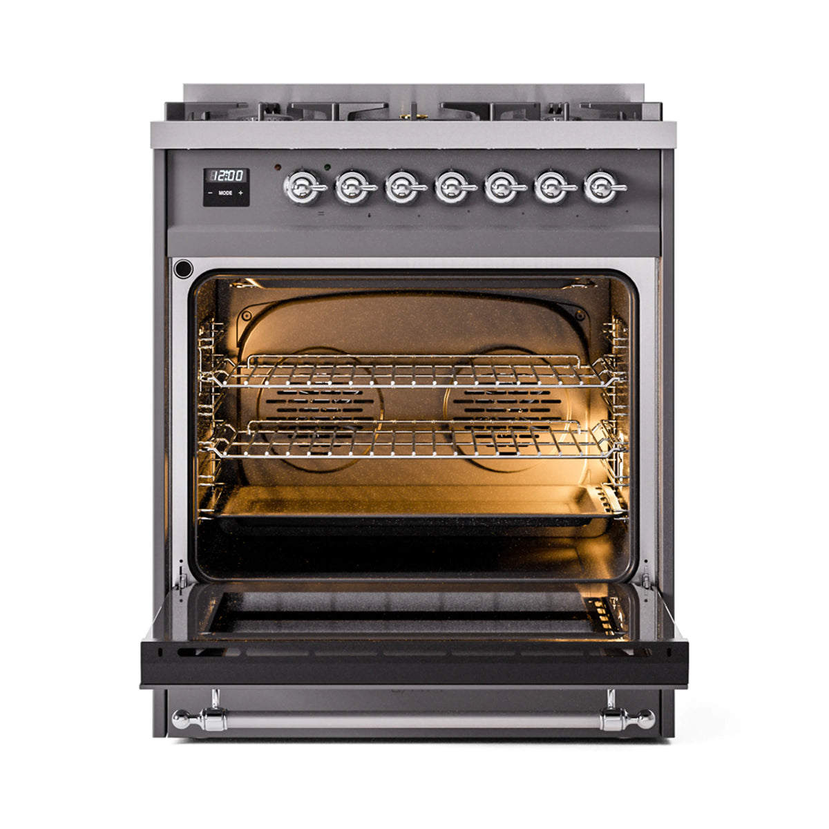 Matte graphite dual fuel range with fully open oven, interior racks, and burner top