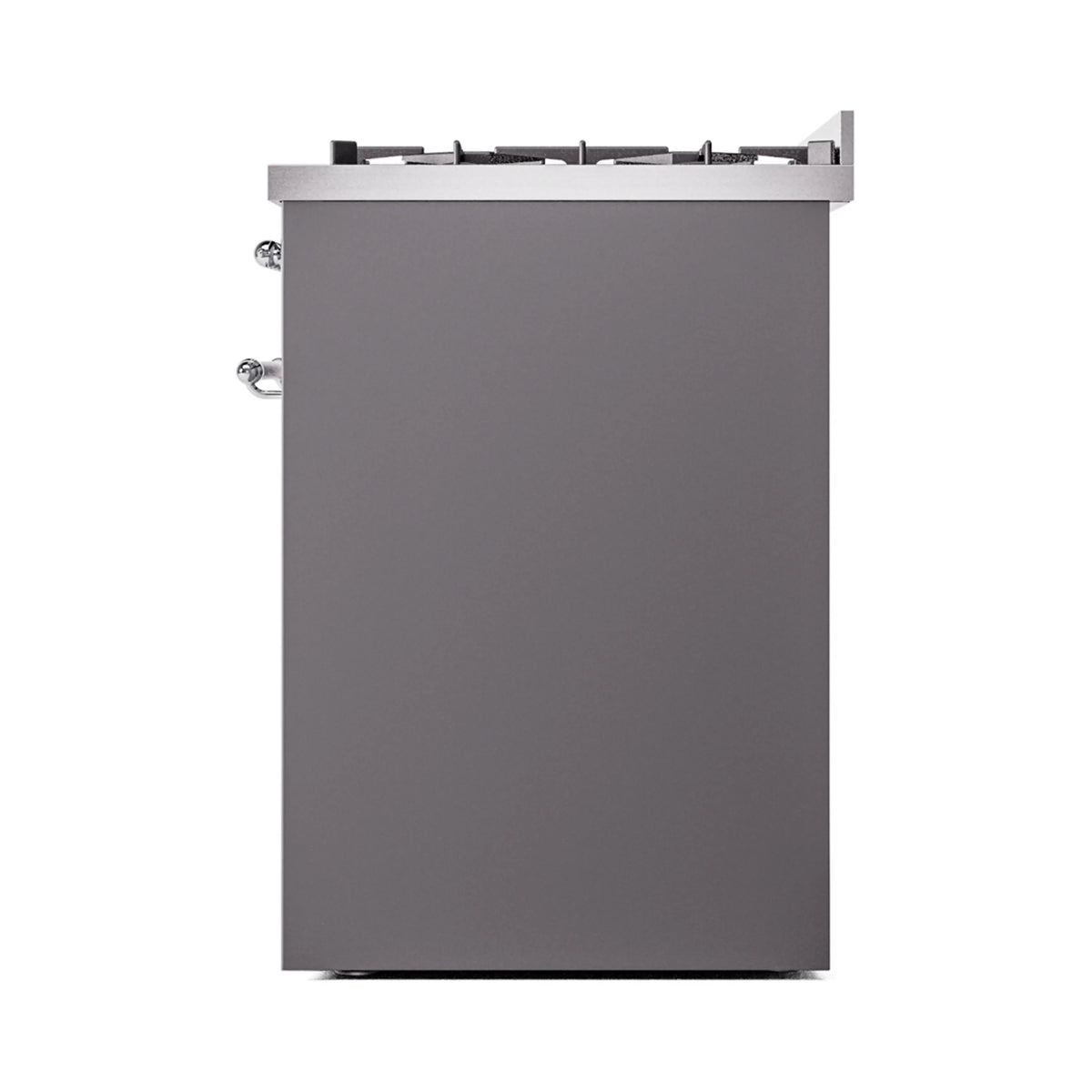Matte graphite range side panel with chrome knobs and raised backguard