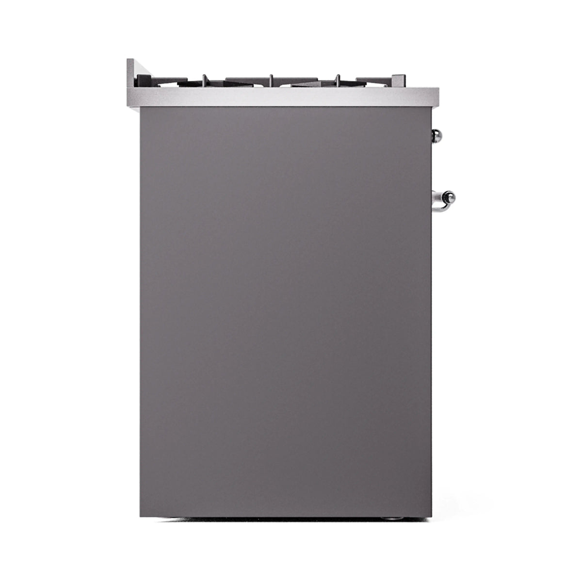 Matte graphite freestanding range angled side view with chrome control knobs