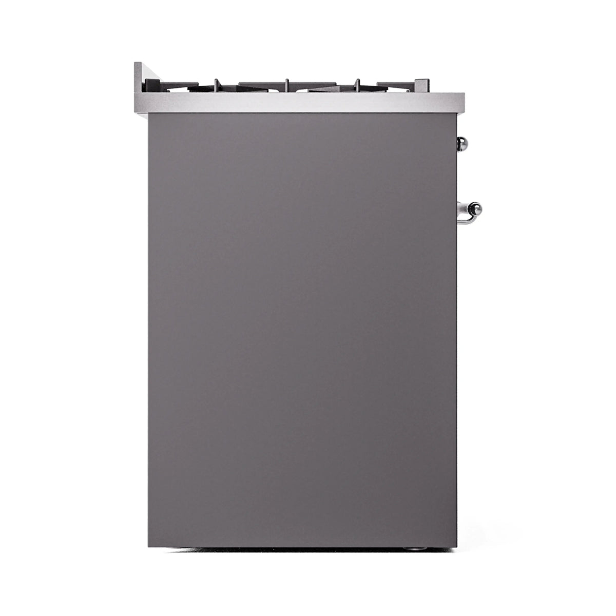 Matte graphite range side panel with chrome knobs and backguard above burners