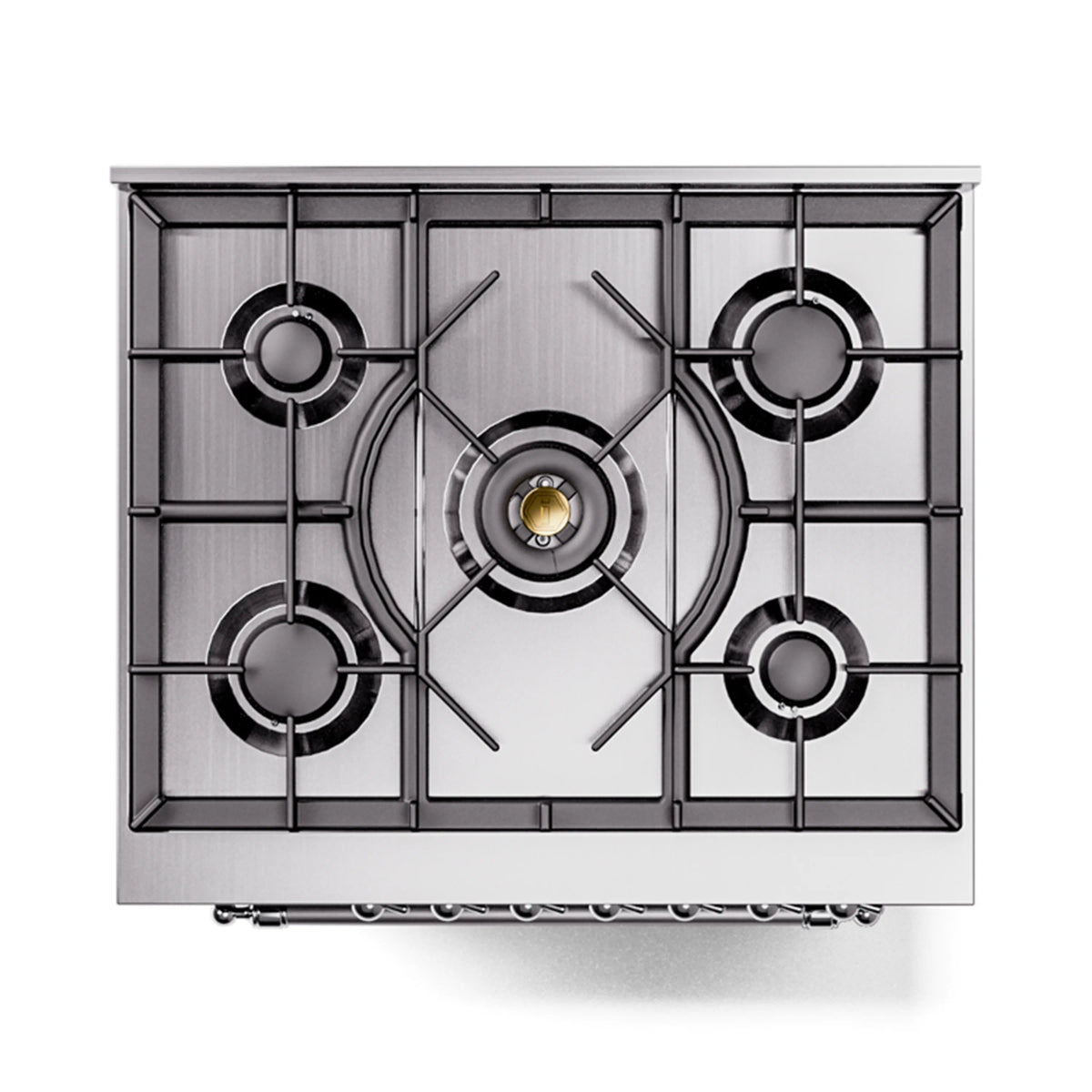 Matte graphite dual fuel cooktop with four gas burners and stainless-style burner grates