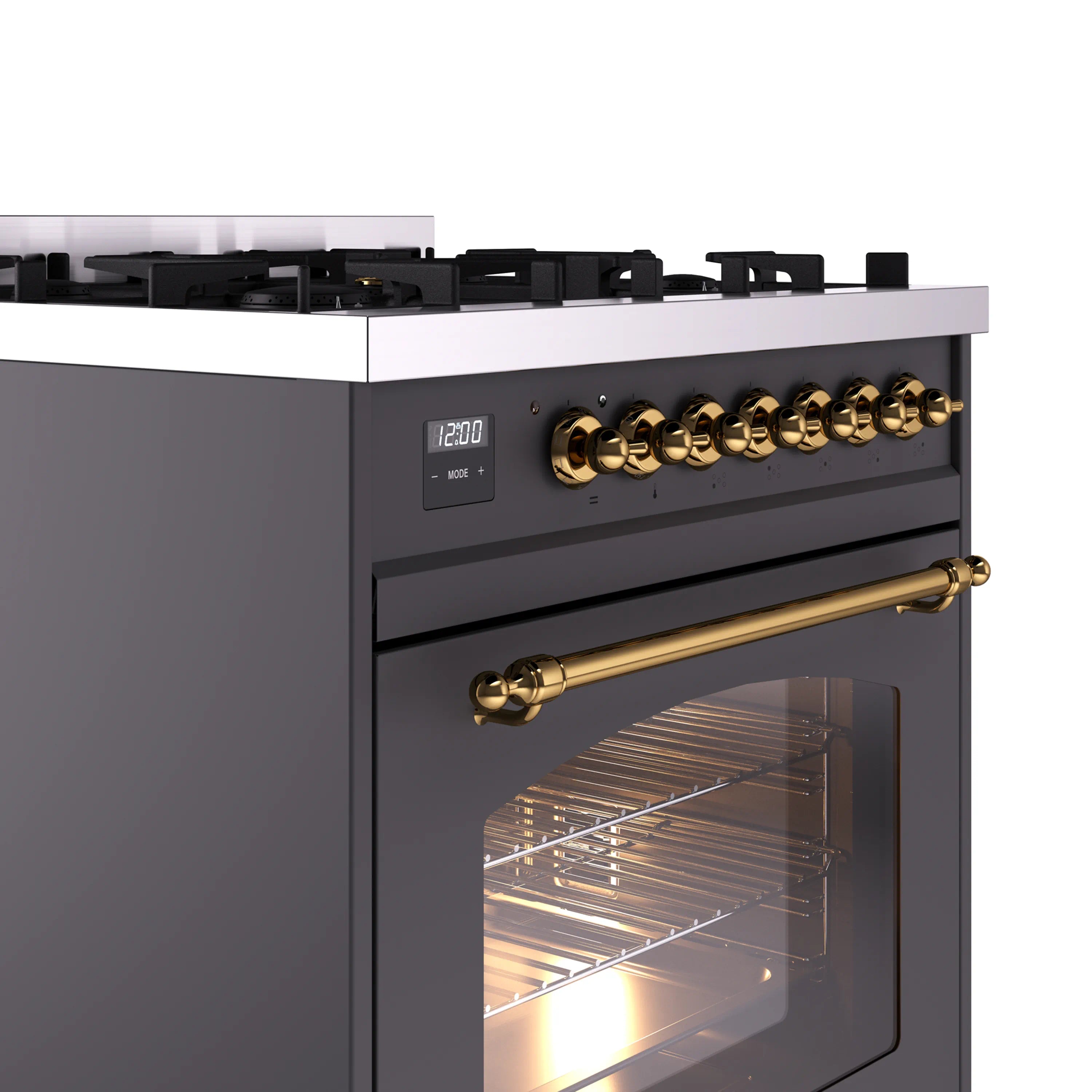 Dual fuel freestanding range with brass-trimmed control panel and lit oven window