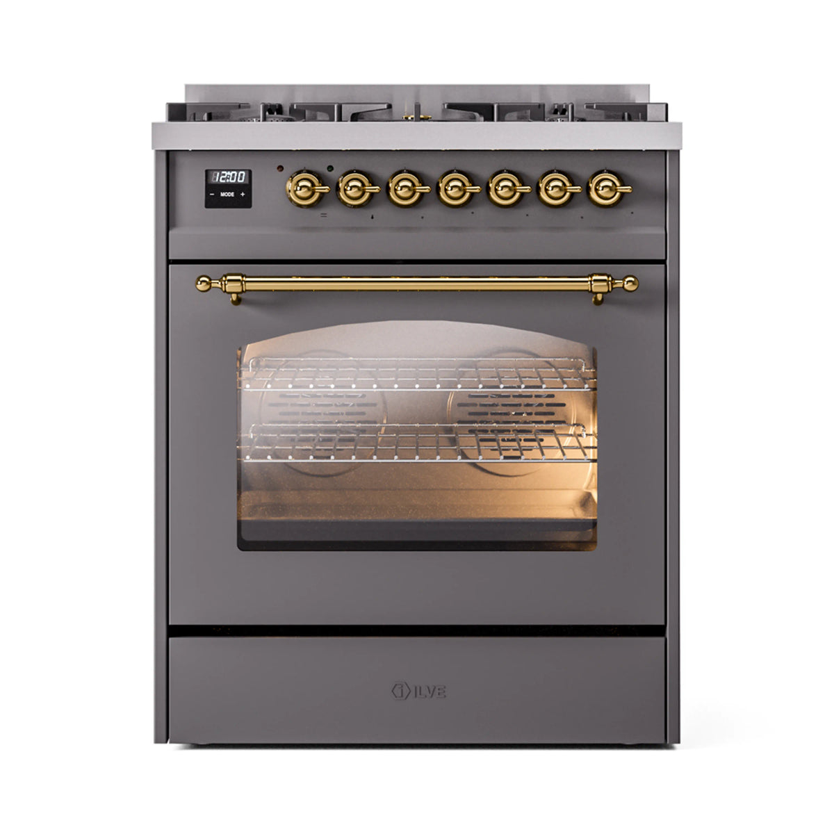 Dual fuel freestanding range, matte graphite front with open glass oven door