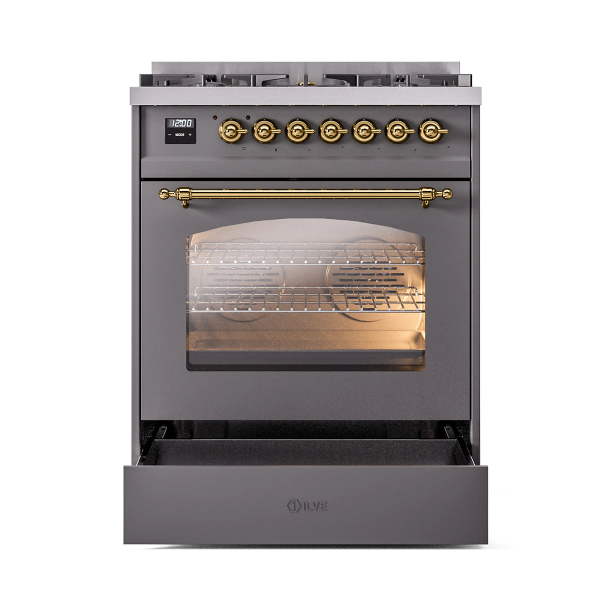 Dual fuel freestanding range with open oven cavity and brass handle bar