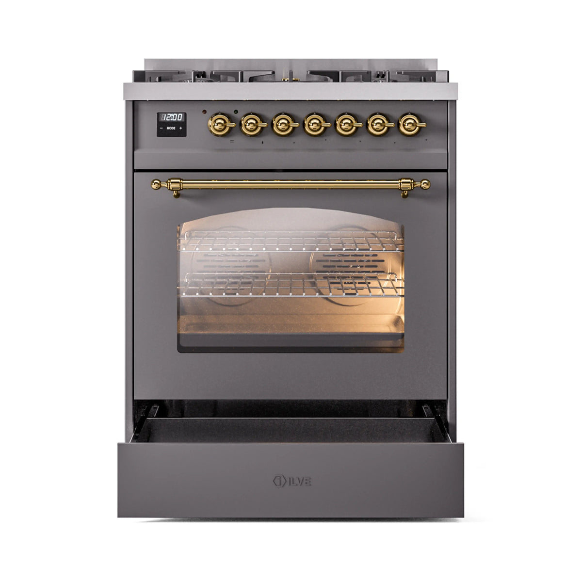 Matte graphite dual-fuel range with brass trim and open oven drawer