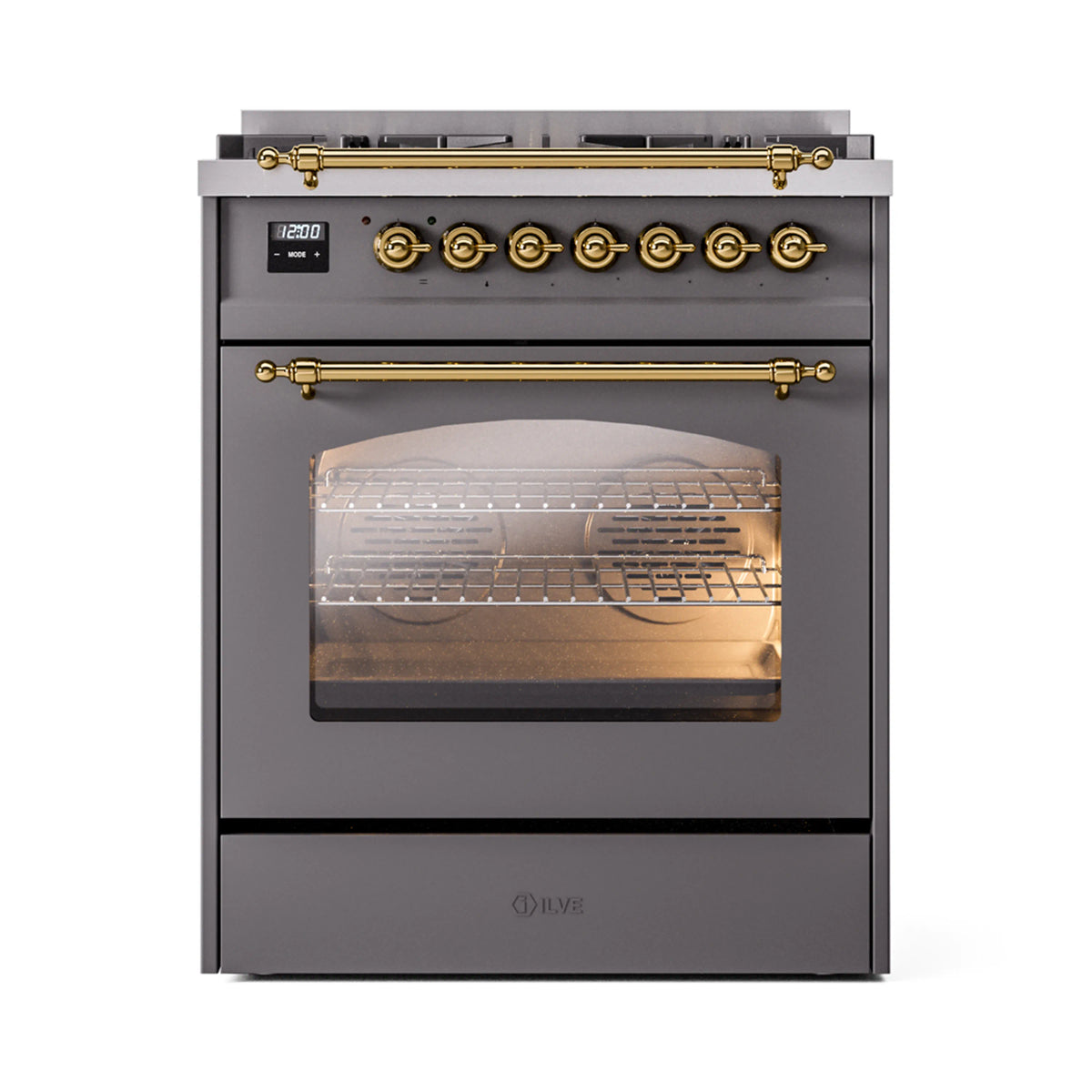 Dual fuel freestanding range with brass knobs and glowing oven window