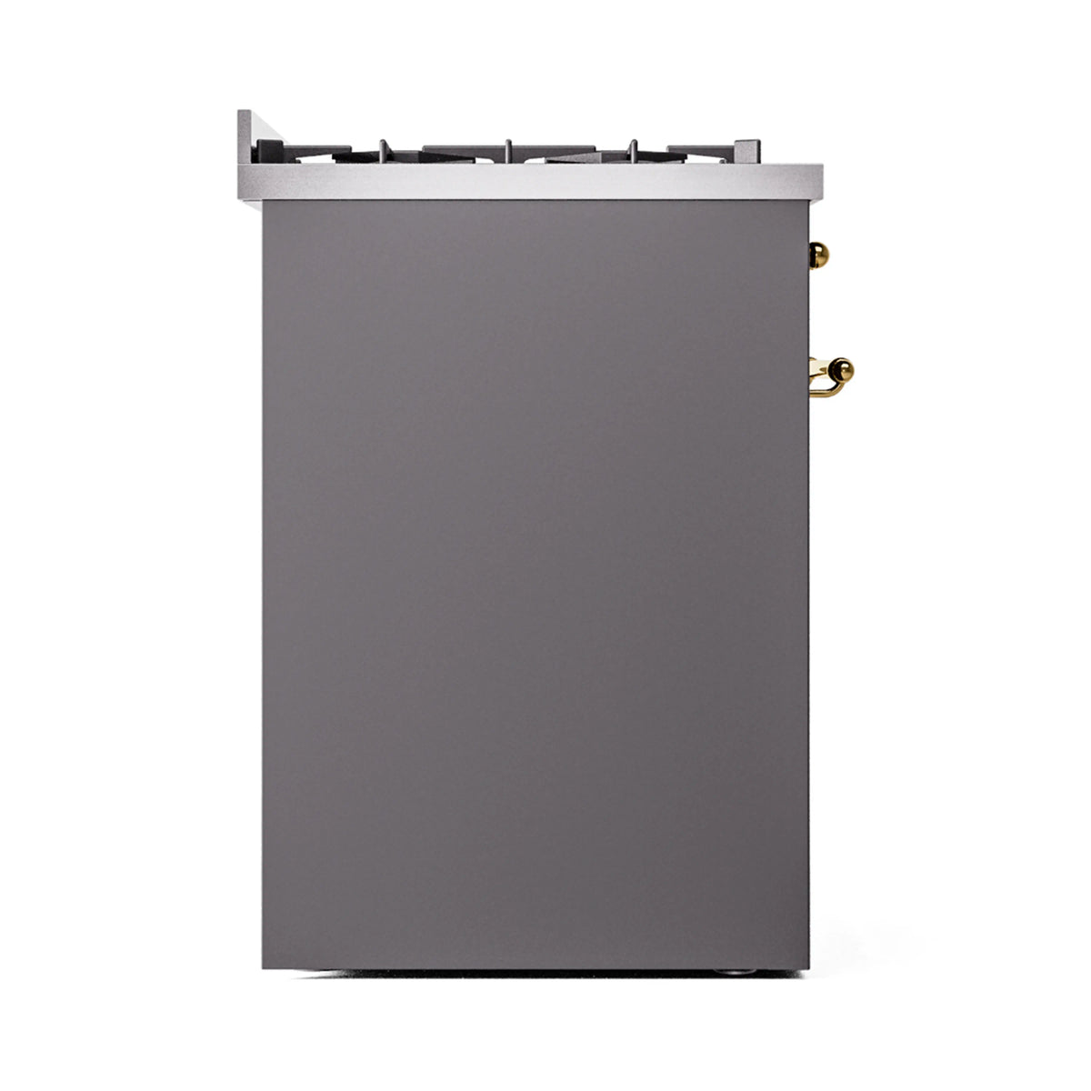 Dual fuel freestanding range right side panel in matte graphite with brass accents