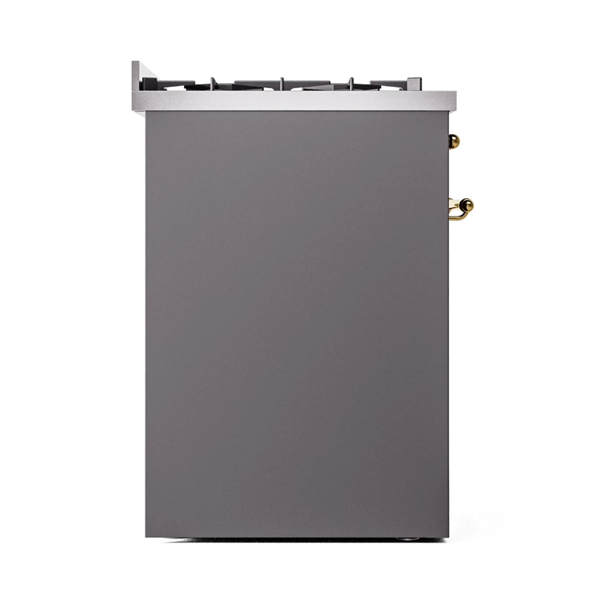 Matte graphite freestanding dual-fuel range rear side panel with brass connections