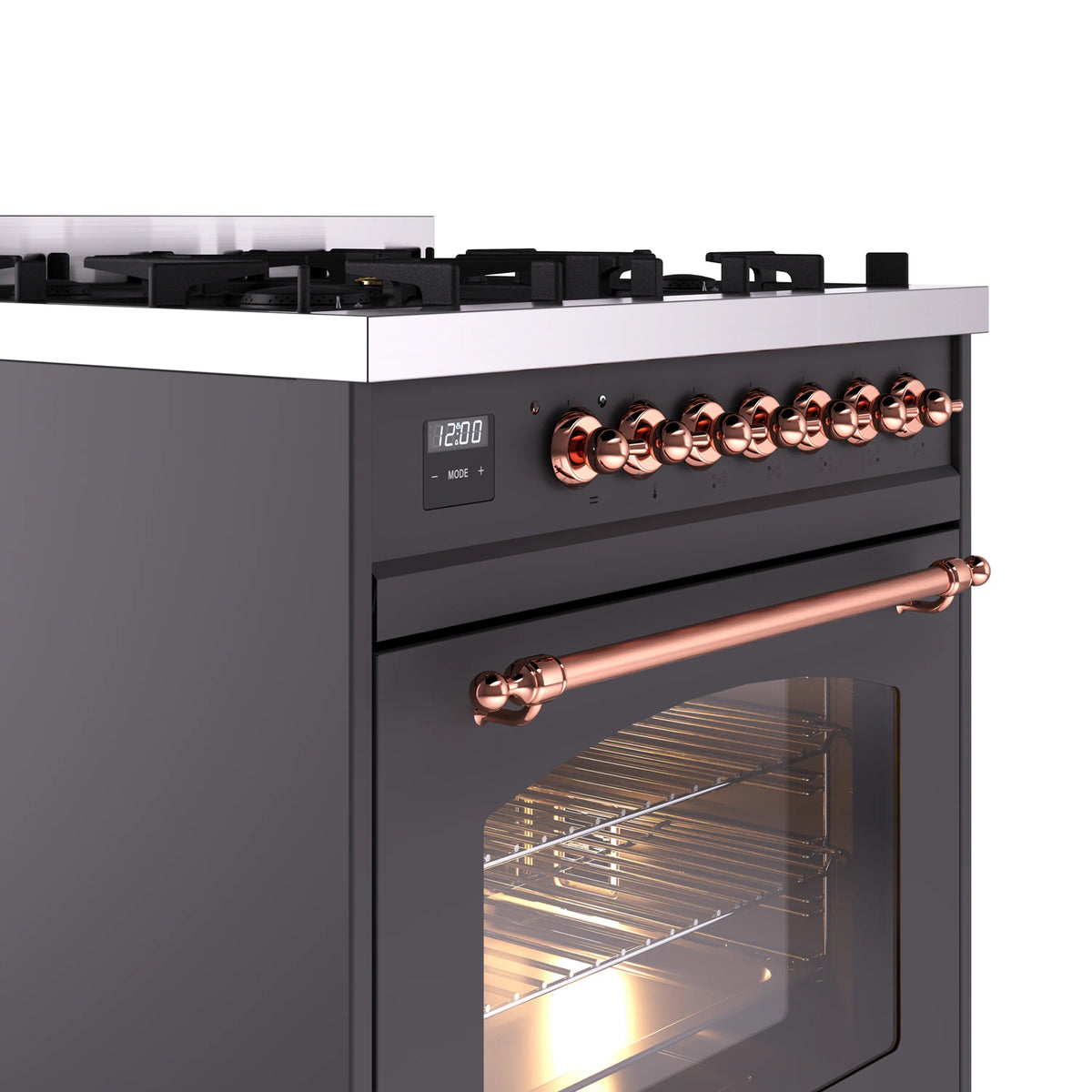 Front controls close-up with copper knobs and copper oven handle on matte graphite range