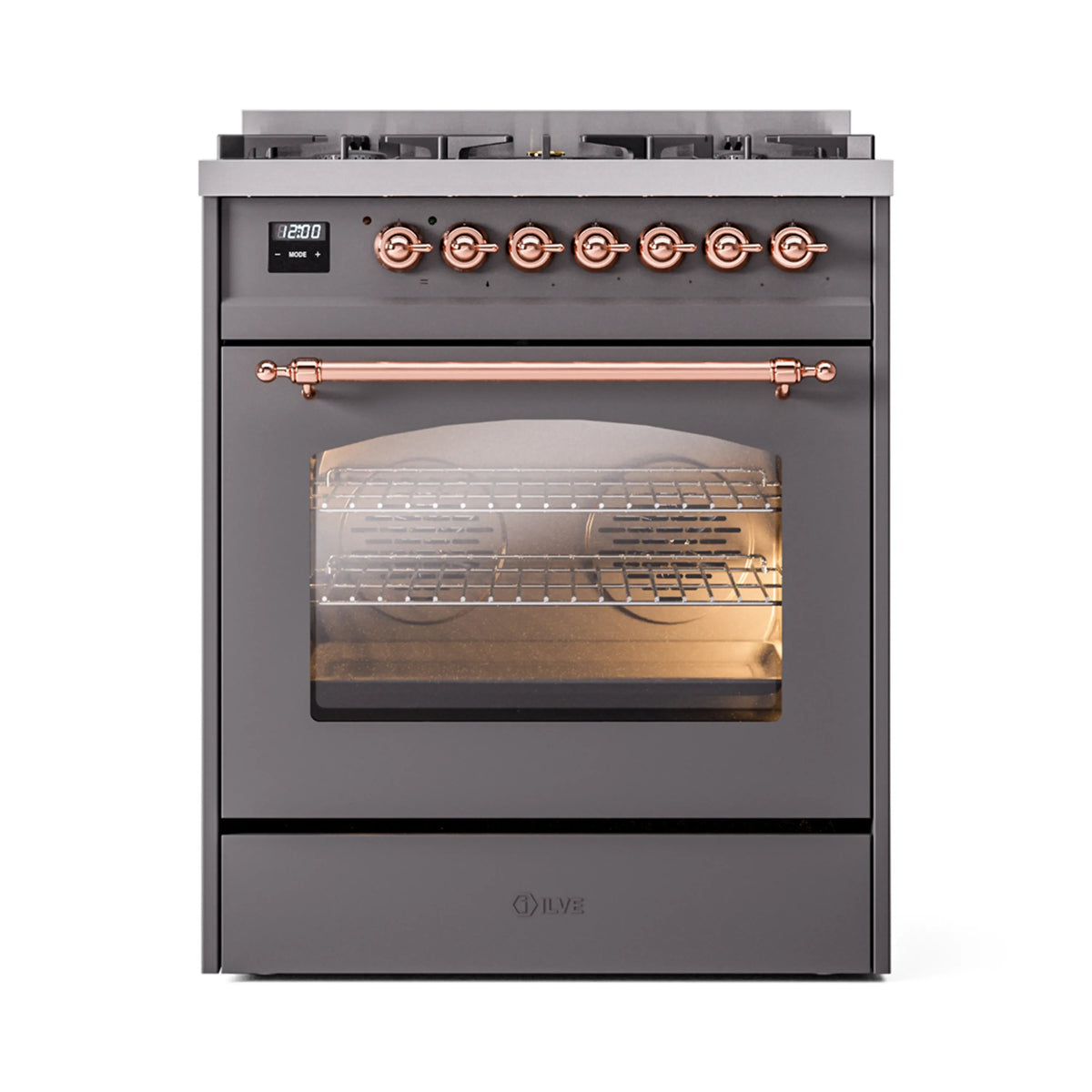 Freestanding dual fuel range, matte graphite exterior with copper-trim control panel