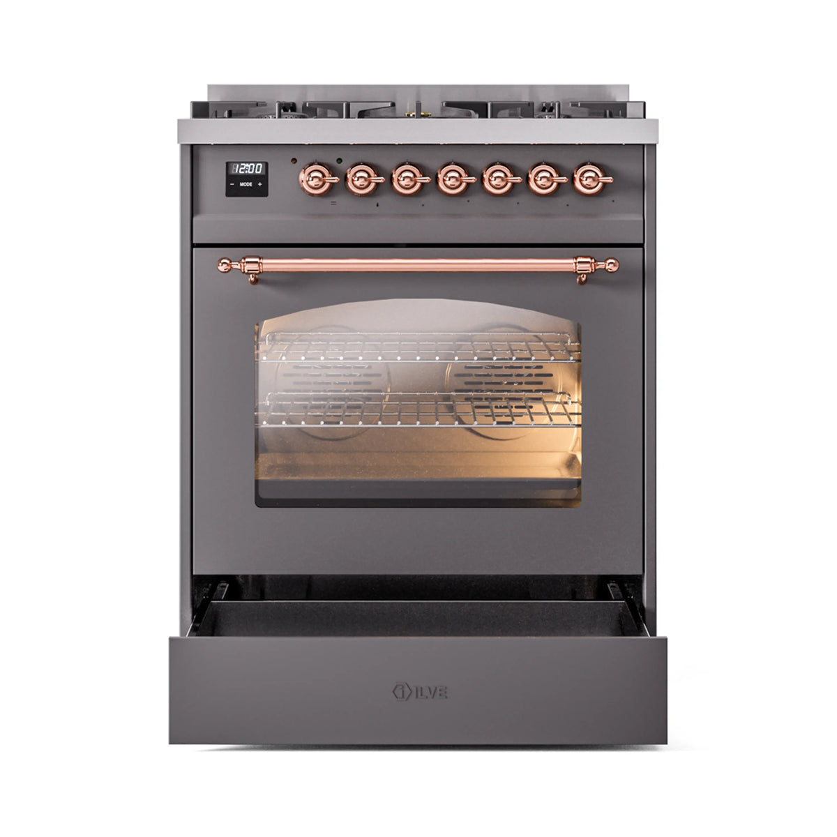 Freestanding dual fuel range with matte graphite finish and open oven drawer
