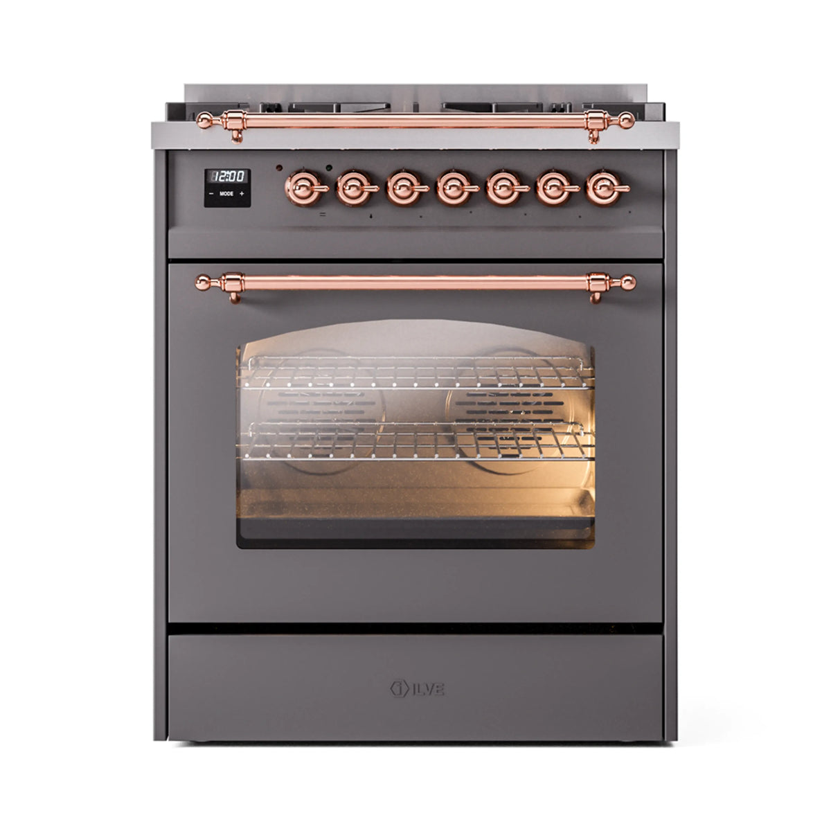 Freestanding matte graphite dual fuel range with copper control knobs and open oven