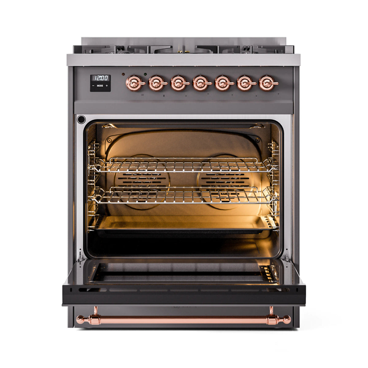 Freestanding dual fuel range with oven open, copper heating accents and racks