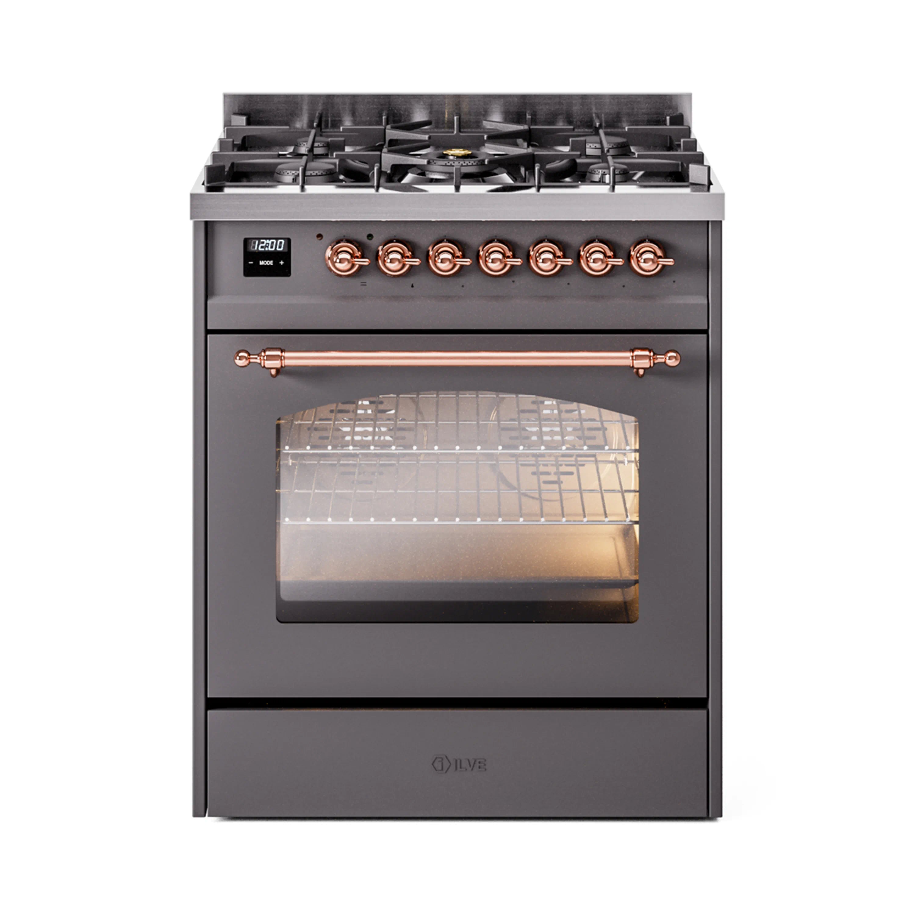 Matte graphite dual-fuel range with copper-trim knobs, burners, and oven window