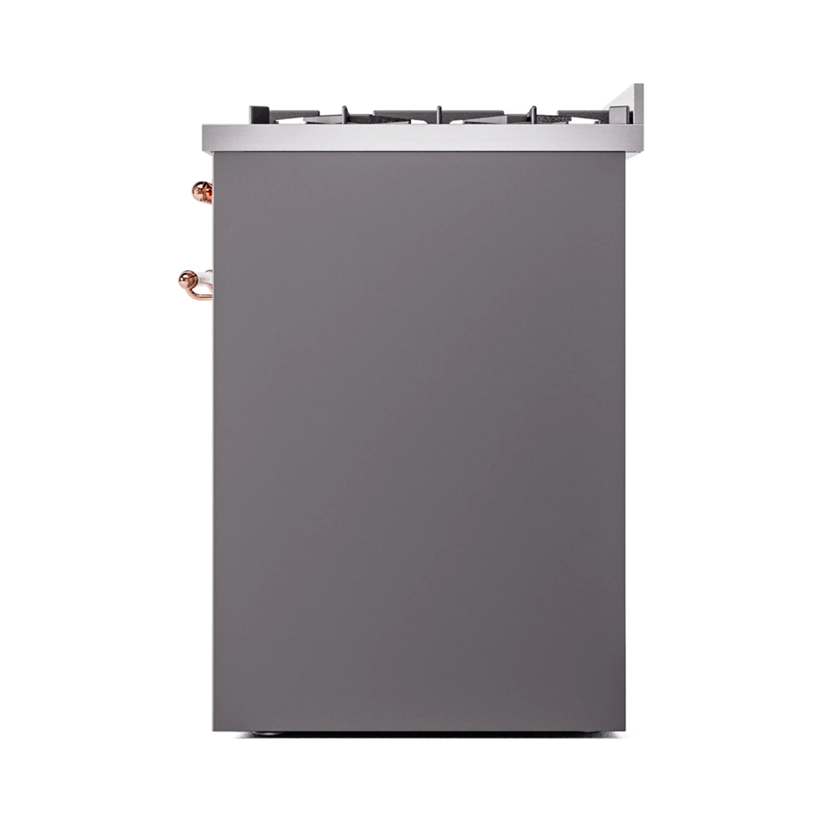 Freestanding matte graphite range side panel with copper handle accents