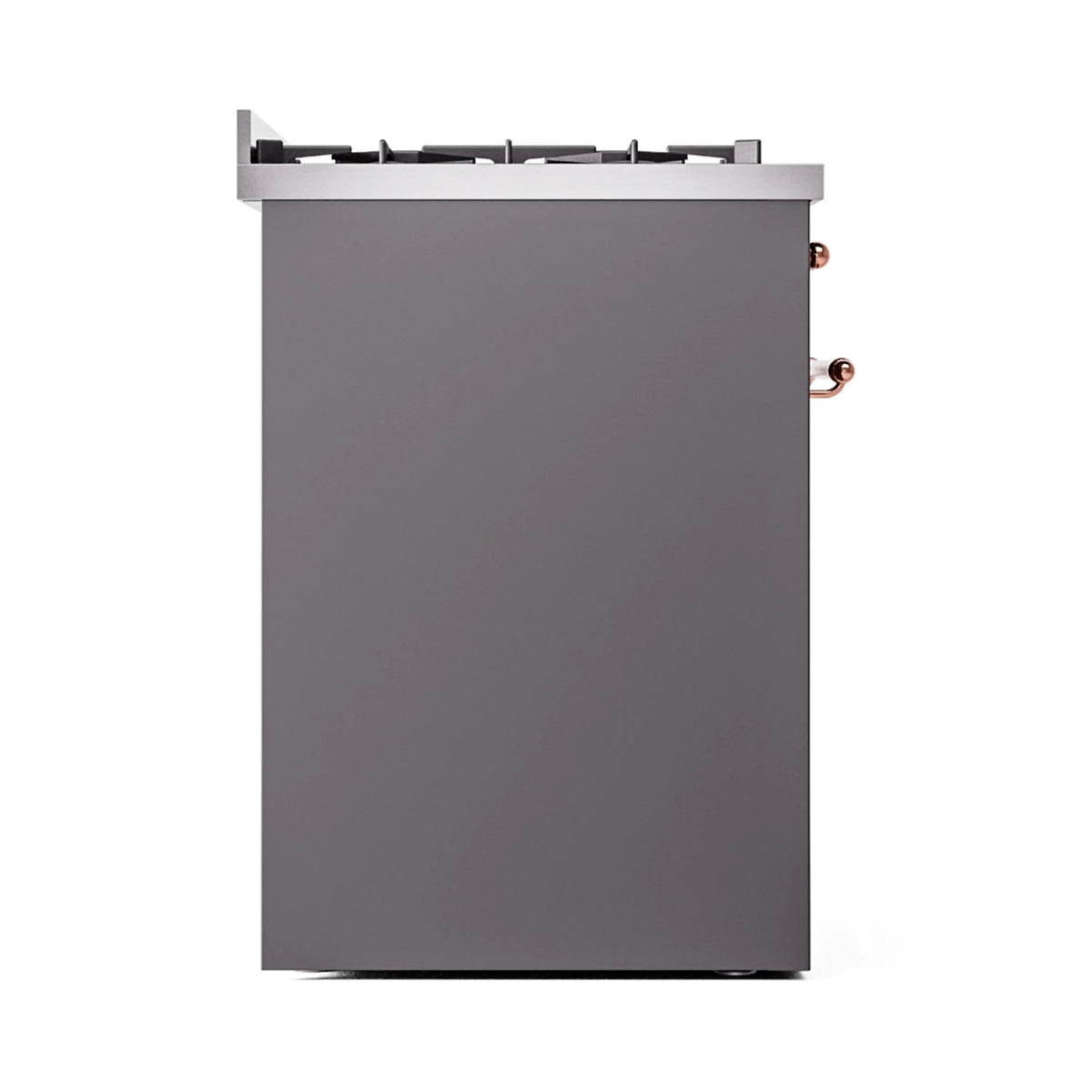 Freestanding matte graphite range side view with copper trim and control parts
