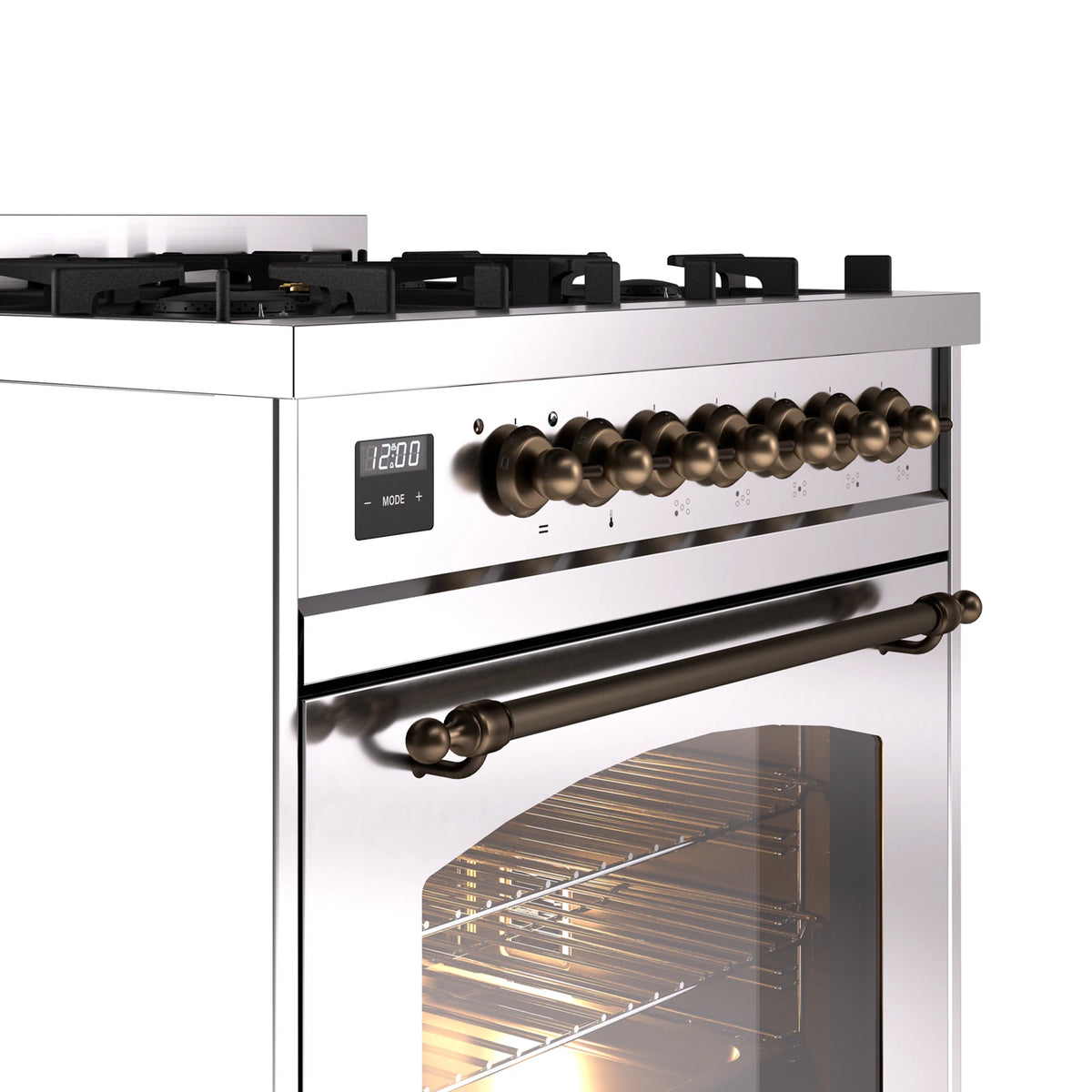 Cooktop and control panel close-up with bronze knobs and oven door window