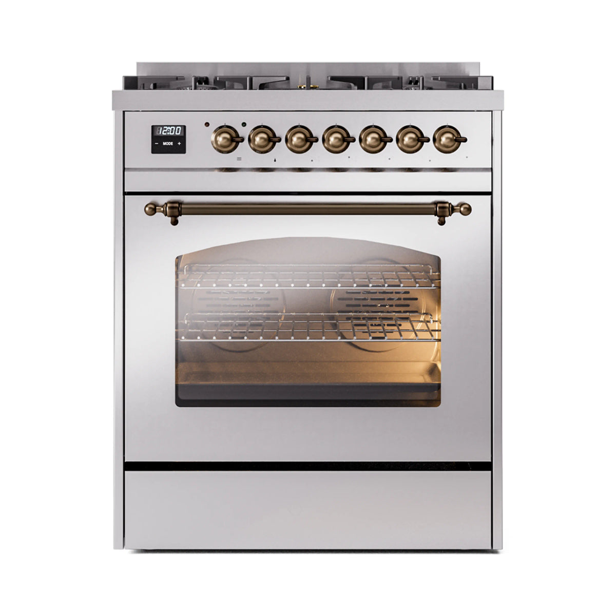 Freestanding dual fuel range front view with bronze knobs, stainless door, and oven window