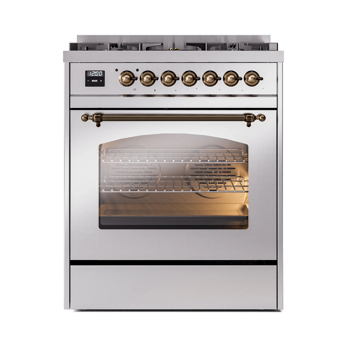 Stainless steel freestanding range with bronze knobs and closed oven door window