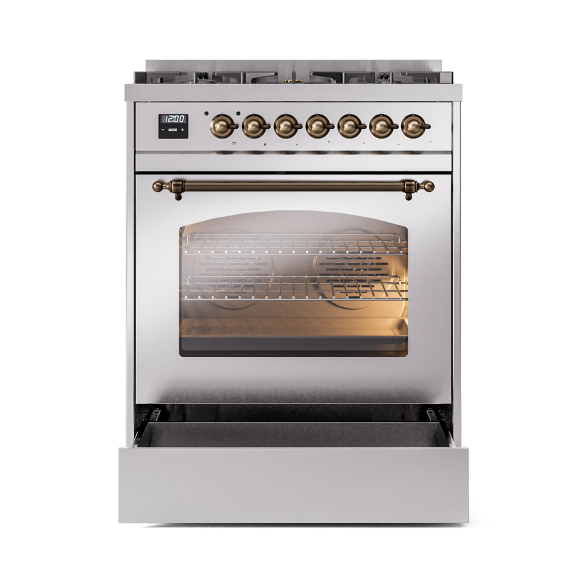Freestanding dual fuel range with stainless body, bronze knobs, and viewing window oven door closed